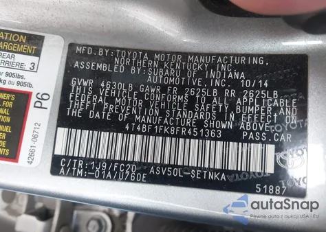 2015 Toyota Camry Le from USA, damaged, VIN 4T4BF1FK8FR451363